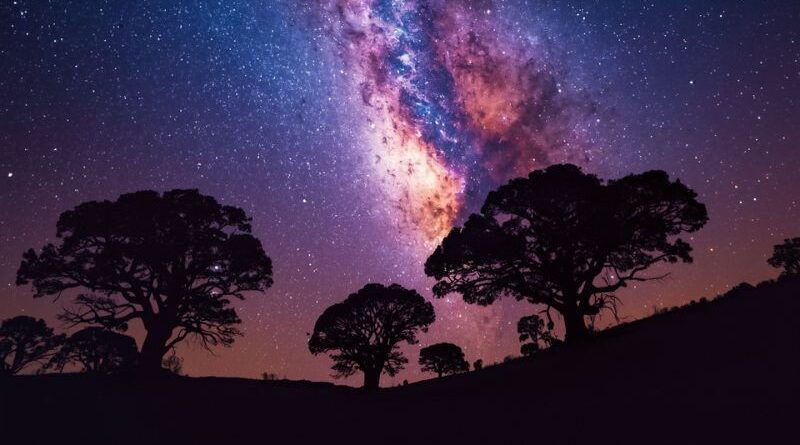 Kleurrijke Melkweg met paarse en roze kosmische nevels aan een heldere sterrenhemel boven donkere silhouetten van bomen op een heuvel.