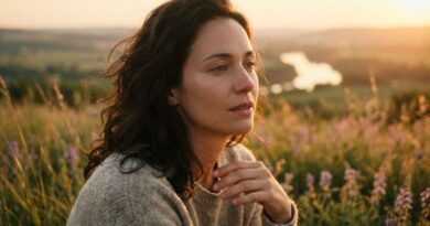 A woman with a fixed gaze looking into the distance at sunset, experiencing a sense of relief and calm during a brainspotting exercise for anxiety relief.