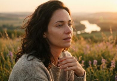A woman with a fixed gaze looking into the distance at sunset, experiencing a sense of relief and calm during a brainspotting exercise for anxiety relief.