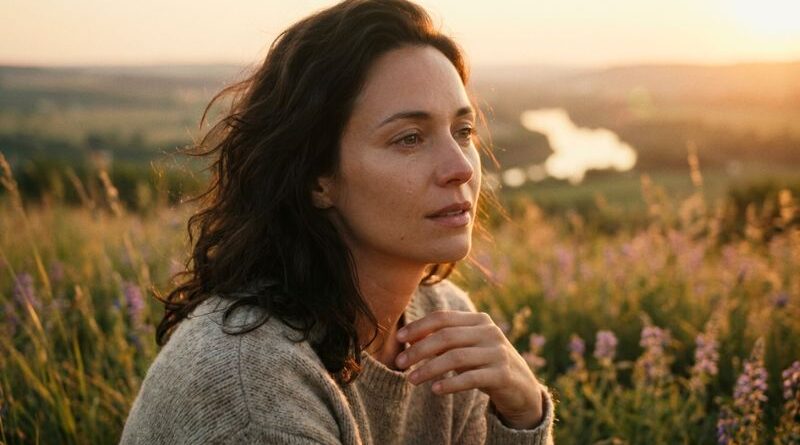 A woman with a fixed gaze looking into the distance at sunset, experiencing a sense of relief and calm during a brainspotting exercise for anxiety relief.