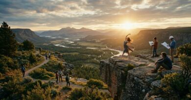 Diverse people practicing different types of intelligence—such as a dancer, an artist, an architect, hikers, and a writer—on a scenic mountain cliff at sunset, illustrating Howard Gardner's theory of multiple intelligences.