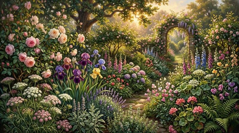 Romantisch realistische illustratie van een weelderige tuin vol verschillende plantenfamilies zoals schermbloemigen, lissen en rozenstruiken bij zonsondergang.