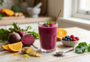 Een glas dieprode ontstekingsremmende smoothie op een houten tafel, omringd door verse ingrediënten zoals een opengesneden rode biet, sinaasappelpartjes, gember en een schaaltje bessen.