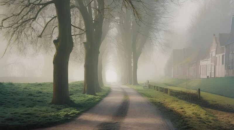 Een droomachtige, mistige bomenlaan die het niemandsland en het gevoel van zinloosheid tijdens spiritueel ontwaken symboliseert.