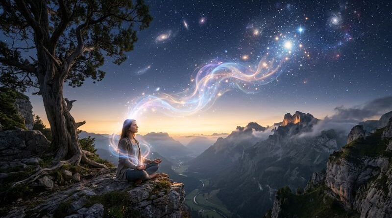 Een vrouw mediteert in de lotushouding op een bergtop bij zonsondergang, terwijl een stroom van sterrenstof en sterrenstelsels uit haar hoofd opstijgt naar het kosmische bewustzijn. Een eeuwenoude boom staat links.