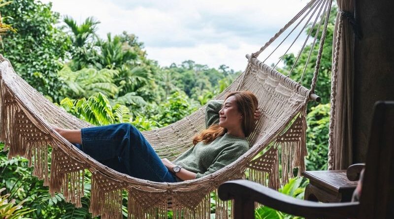 A smiling woman rests peacefully in a natural macrame fringe hammock on a jungle-view veranda, embodying the Vedic living philosophy at a tropical retreat. She is surrounded by dark wood furniture and a dense, lush rainforest canopy.