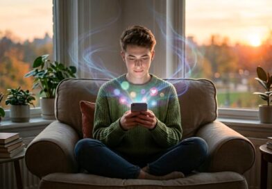 A young man sitting in an armchair at home, looking at glowing social media icons floating above his smartphone screen during sunset, representing digital mental health.