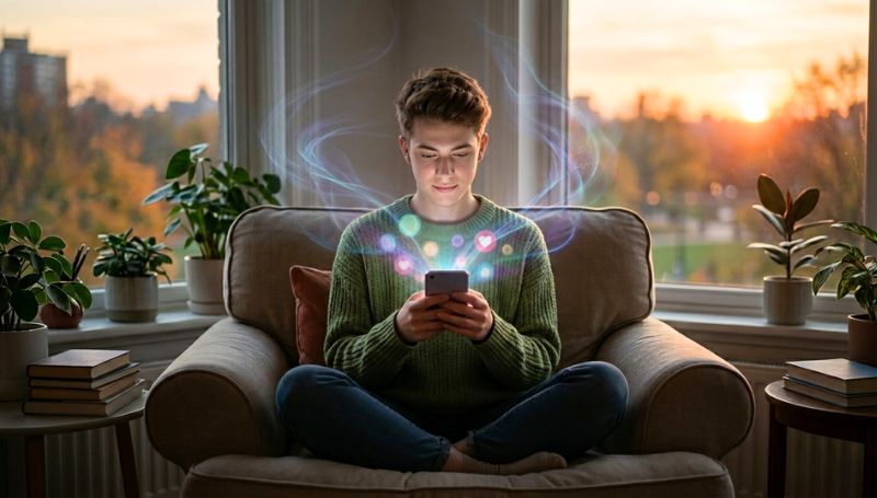 A young man sitting in an armchair at home, looking at glowing social media icons floating above his smartphone screen during sunset, representing digital mental health.