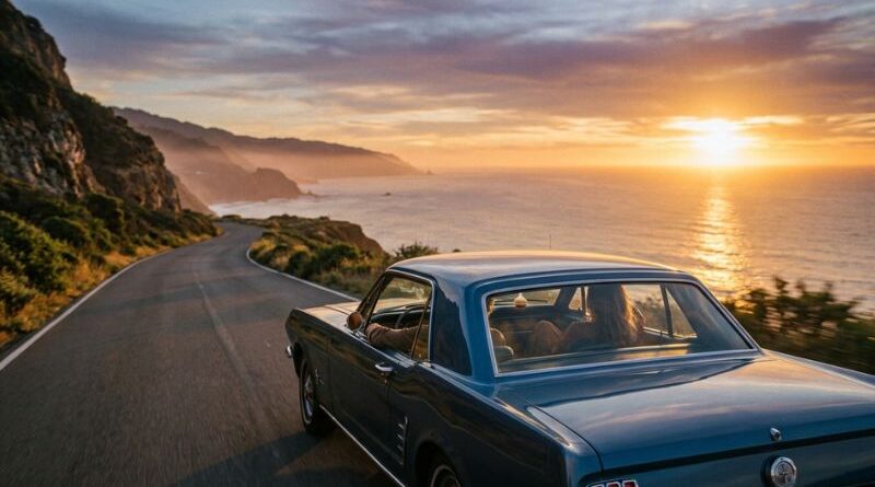 A couple driving a classic closed-top blue car along a winding coastal highway at sunset during a summer road trip, featuring a subtle car aromatherapy diffuser on the dashboard.
