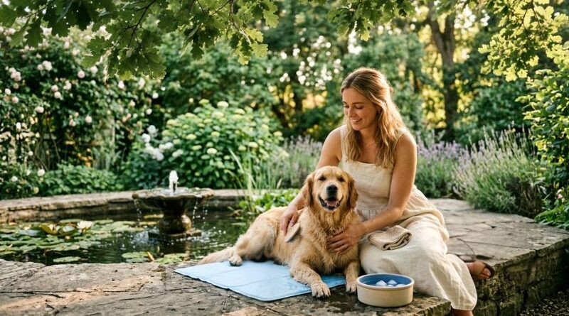 A smiling woman brushing her golden retriever resting on a blue cooling mat next to a water bowl with ice cubes in a shaded summer garden.