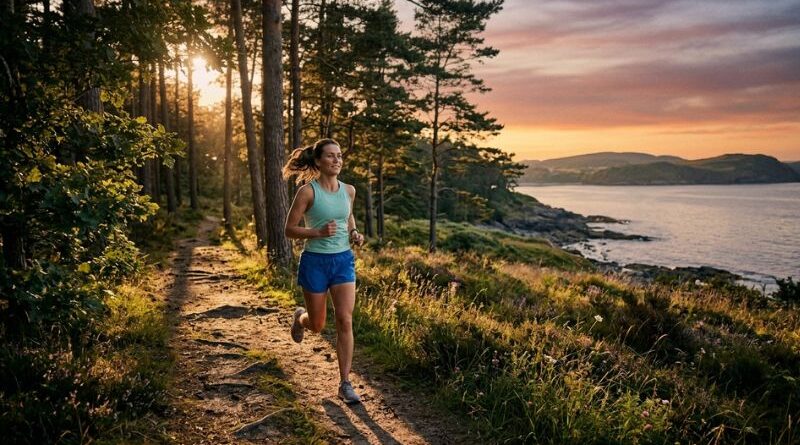 A healthy woman with a serene expression jogs along a rugged coastal forest trail during a scenic sunset, experiencing the physical and mental health benefits of outdoor exercise workout