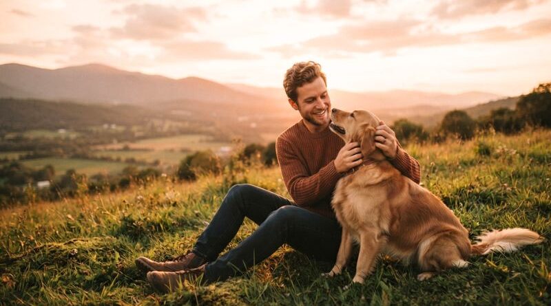 A smiling man sits in the grass on a hillside, affectionately petting his Golden Retriever. In the background, a vast mountain range is visible during a warm, golden sunset.